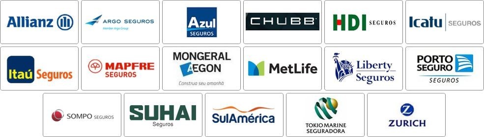 ARGO, AZUL, HDI, ITAU, MAPFRE, PORTO SEGURO, SOMPO, SUHAI, SULAMERICA, TOKIO MARINE, ZURICH